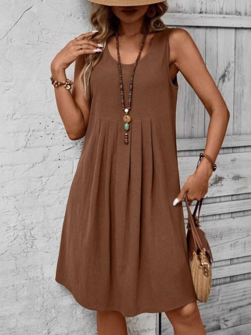 2/$45 NEW Boho Pleated Tank Dress Size L Brown Sleeveless Shift Summer Casual